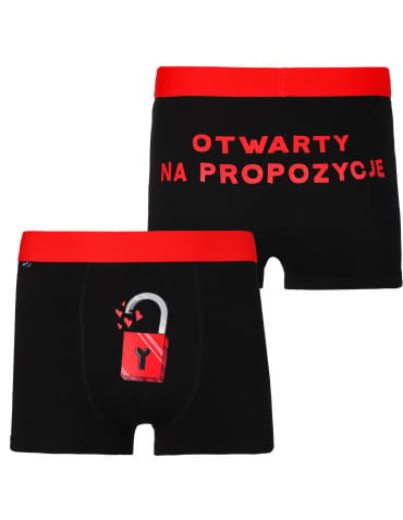 Bokserki dopasowane - Bokserki męskie walentynkowe zabawne z kł&oacute;dką i napisem CZARNY - produkt 1