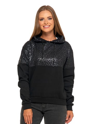 Bluzy damskie - Damska bluza z kapturem ocieplana z motywem graficznym CZARNY - produkt 1