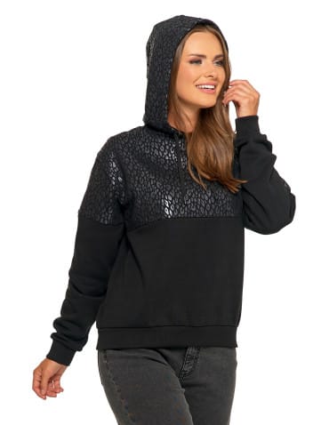 Bluzy damskie - Damska bluza z kapturem ocieplana z motywem graficznym CZARNY - produkt 6