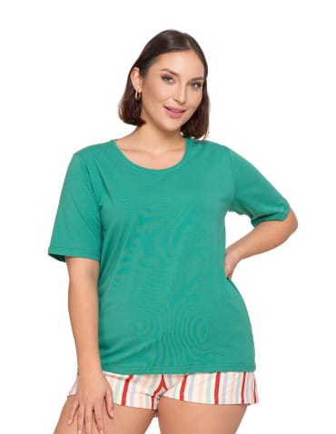 Krótki rękaw - Piżama damska bawełniana Plus Size krótka pastelowe paski ZIELONY - produkt 1