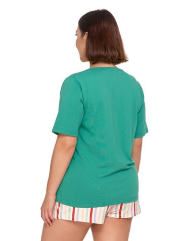 Krótki rękaw - Piżama damska bawełniana Plus Size krótka pastelowe paski ZIELONY - produkt 3