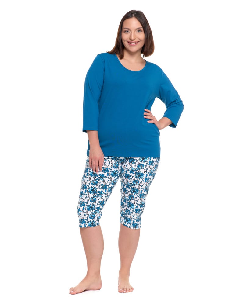 Damska piżama rękaw 3/4 spodnie w kwiatowym wzorze Plus Size NIEBIESKI
