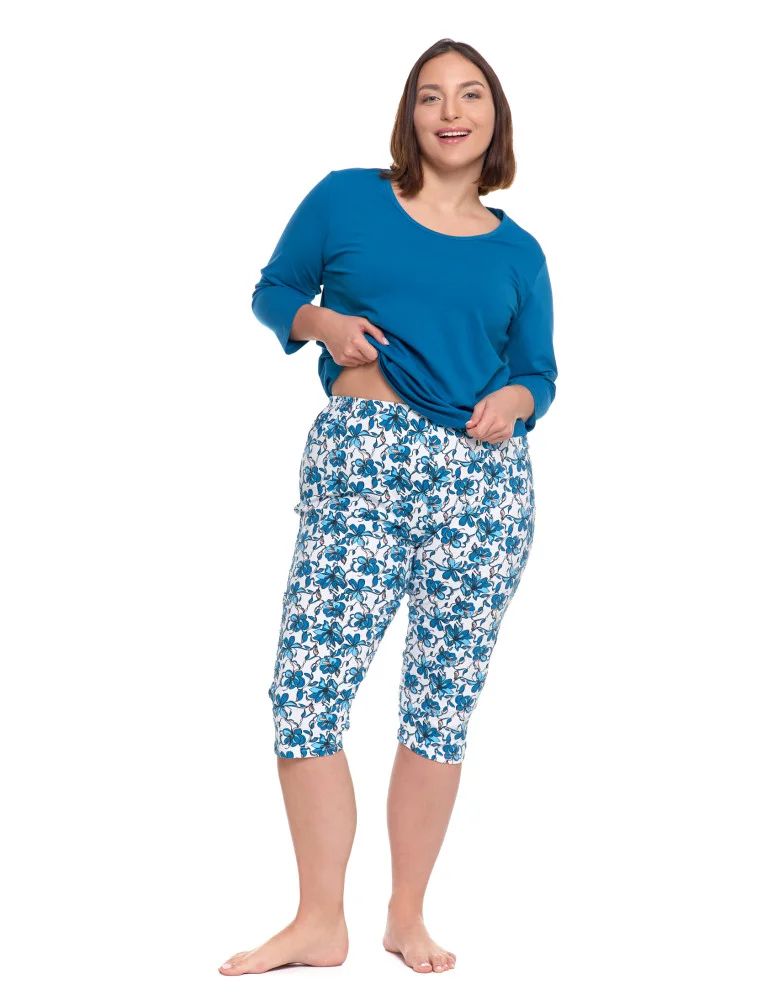 Długi rękaw - Damska piżama rękaw 3/4 spodnie w kwiatowym wzorze Plus Size NIEBIESKI - produkt moraj.pl 2