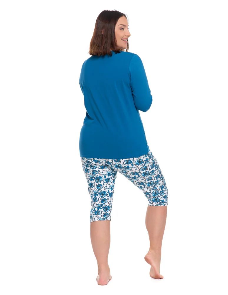 Długi rękaw - Damska piżama rękaw 3/4 spodnie w kwiatowym wzorze Plus Size NIEBIESKI - produkt moraj.pl 5