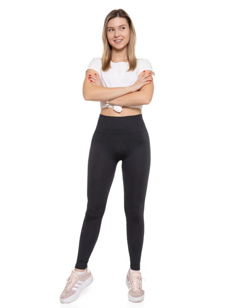 Legginsy damskie - Legginsy damskie z wysokim stanem prążkowane sportowe GRAFIT - produkt moraj.pl 7