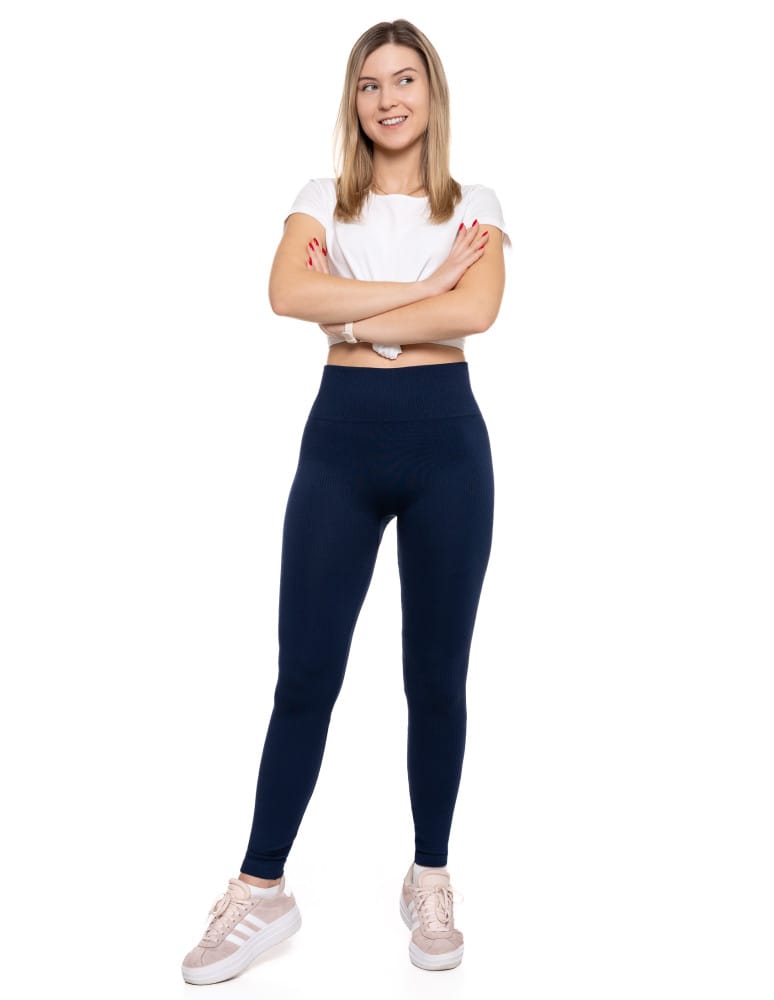 Legginsy damskie - Legginsy damskie z wysokim stanem prążkowane sportowe GRANATOWY - produkt moraj.pl 1