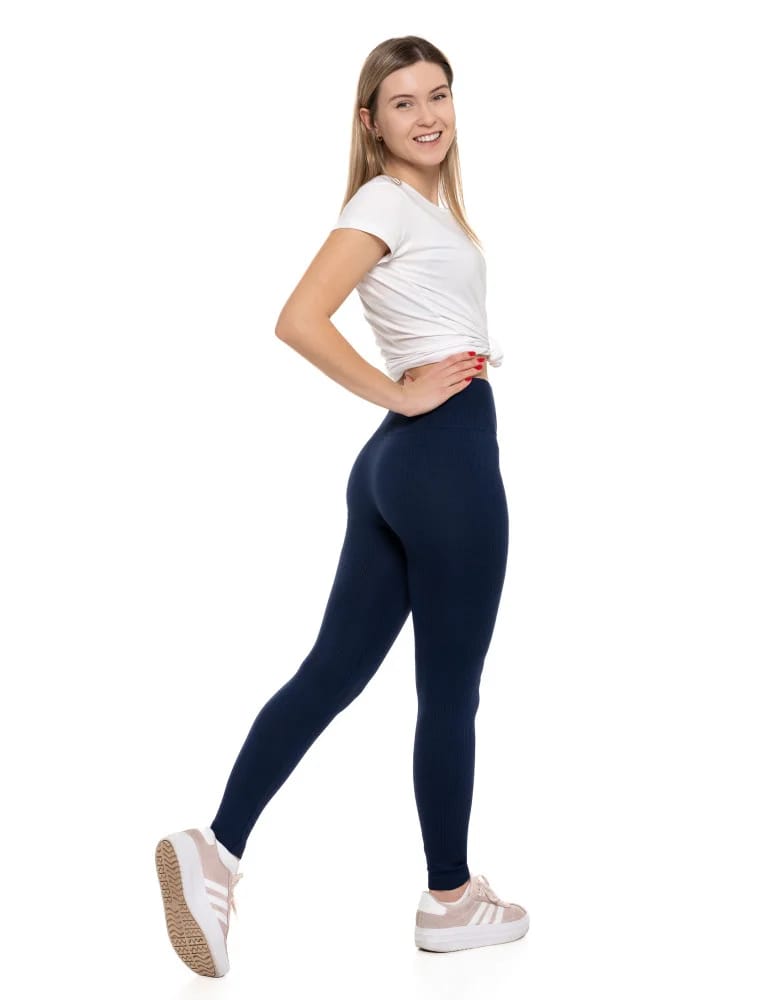 Legginsy damskie - Legginsy damskie z wysokim stanem prążkowane sportowe GRANATOWY  - produkt moraj.pl 2