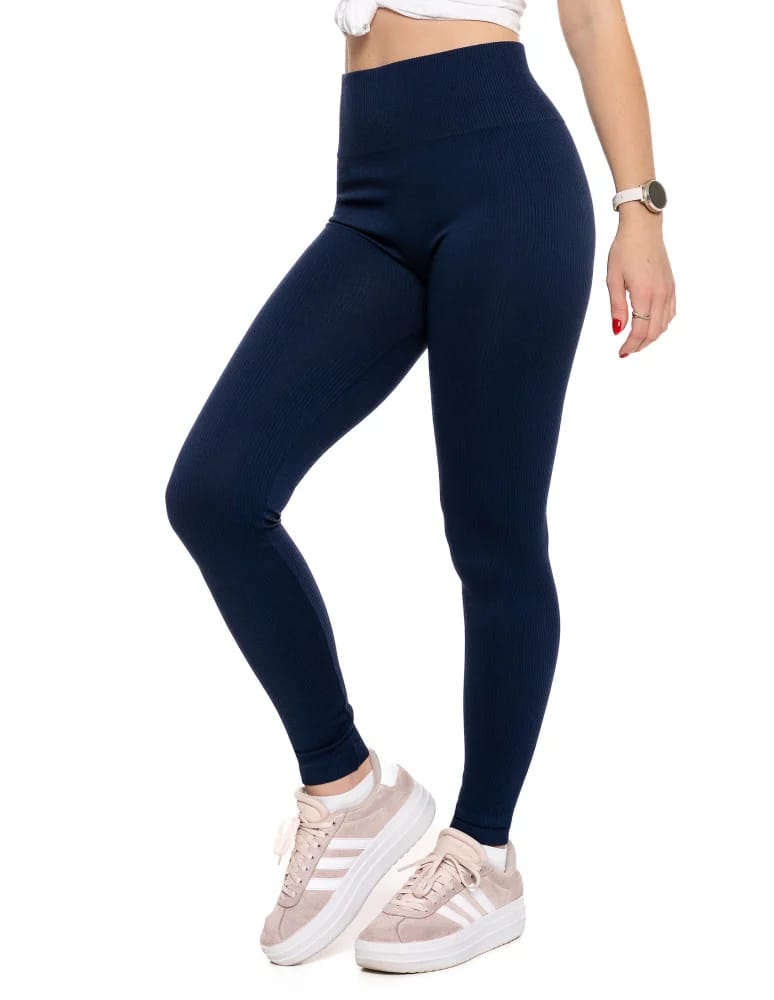 Legginsy damskie - Legginsy damskie z wysokim stanem prążkowane sportowe GRANATOWY  - produkt moraj.pl 4