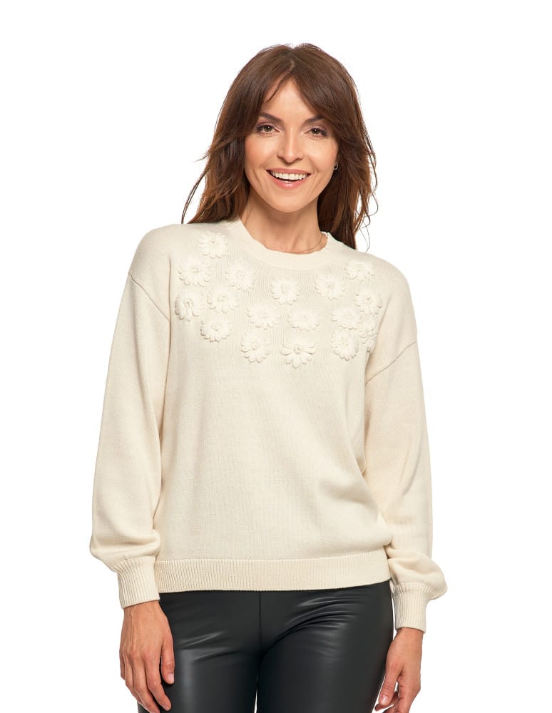 Sweter damski bawełniany oversize z aplikacją kwiatową KREMOWY