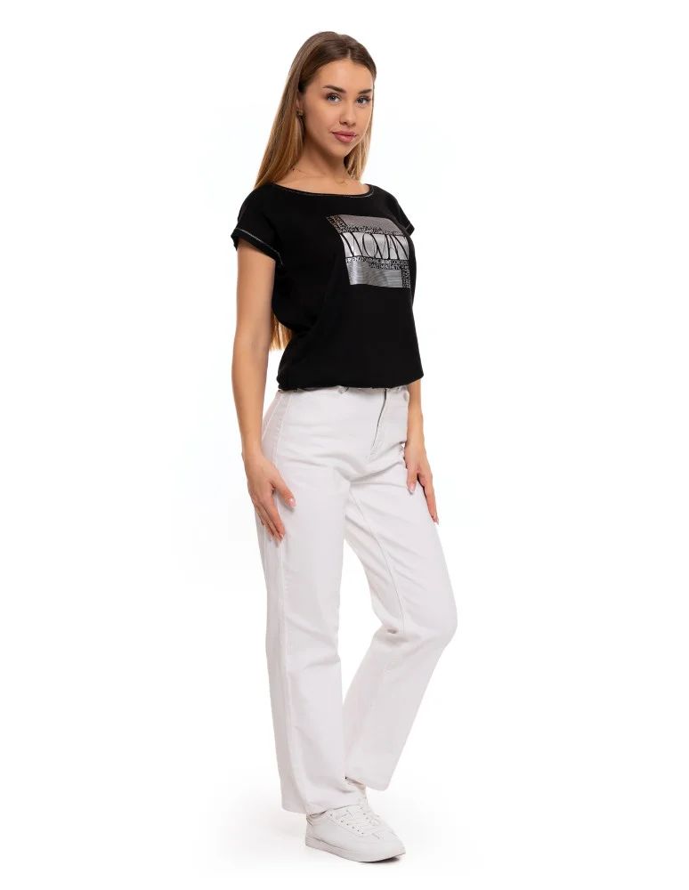 Bluzki i koszule - Koszulka damska oversize t-shirt z metalicznym nadrukiem CZARNY  - produkt moraj.pl 10