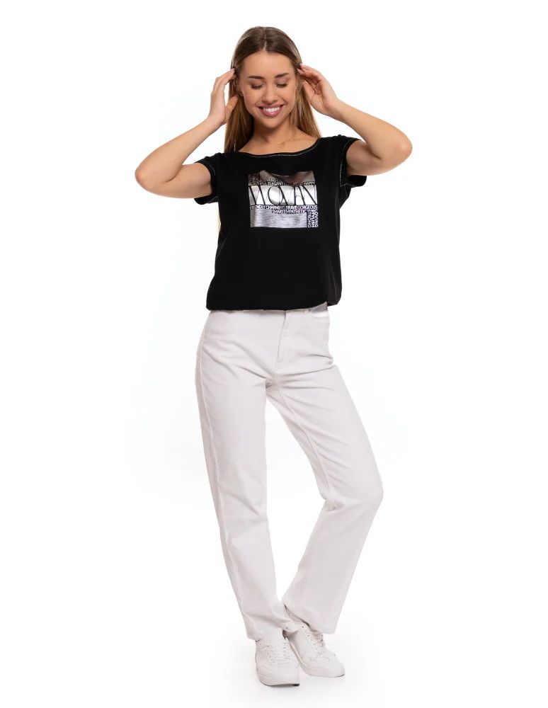 Bluzki i koszule - Koszulka damska oversize t-shirt z metalicznym nadrukiem CZARNY  - produkt moraj.pl 11