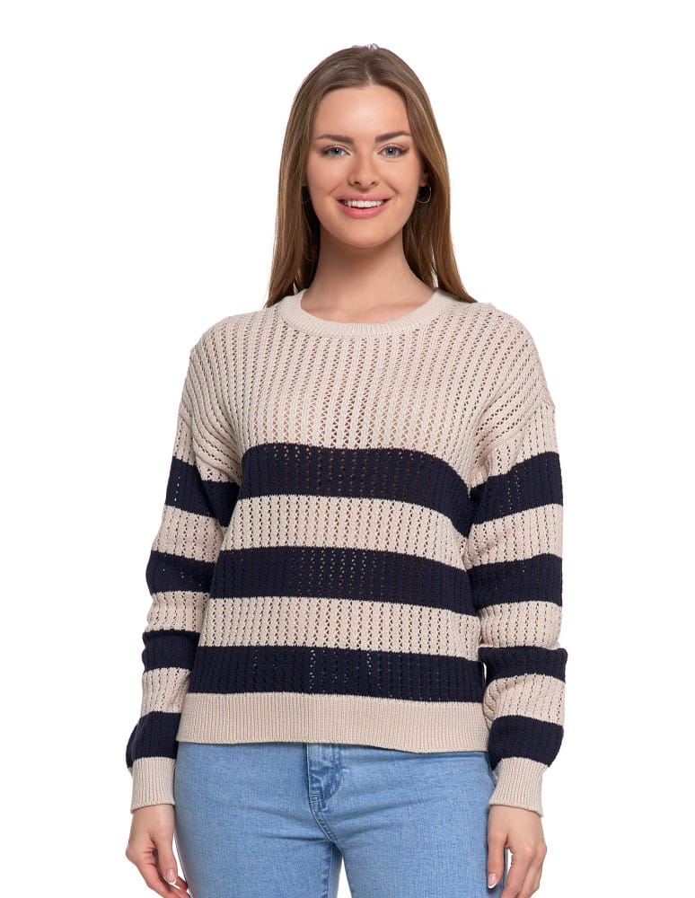 Sweter damski ażurowy bawełniany w paski BEŻOWY