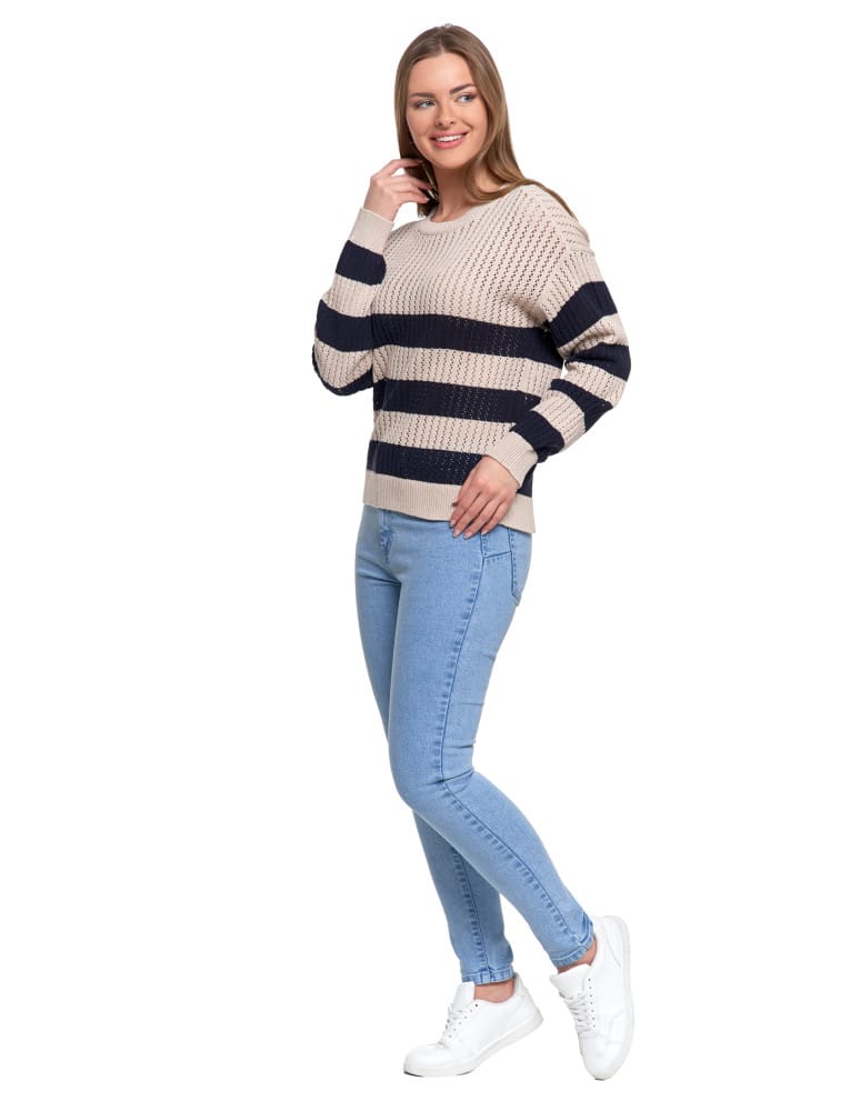 Swetry - Sweter damski ażurowy bawełniany w paski BEŻOWY  - produkt moraj.pl 2