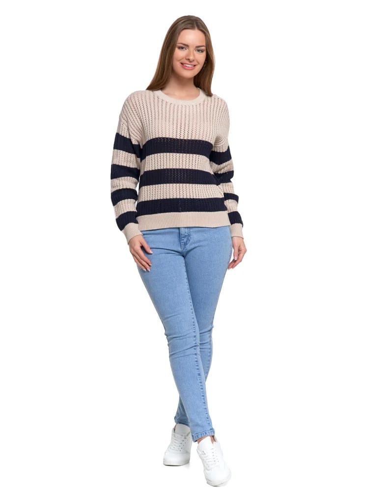 Swetry - Sweter damski ażurowy bawełniany w paski BEŻOWY - produkt moraj.pl 3