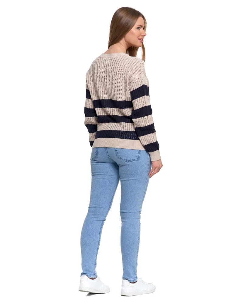 Swetry - Sweter damski ażurowy bawełniany w paski BEŻOWY - produkt moraj.pl 5