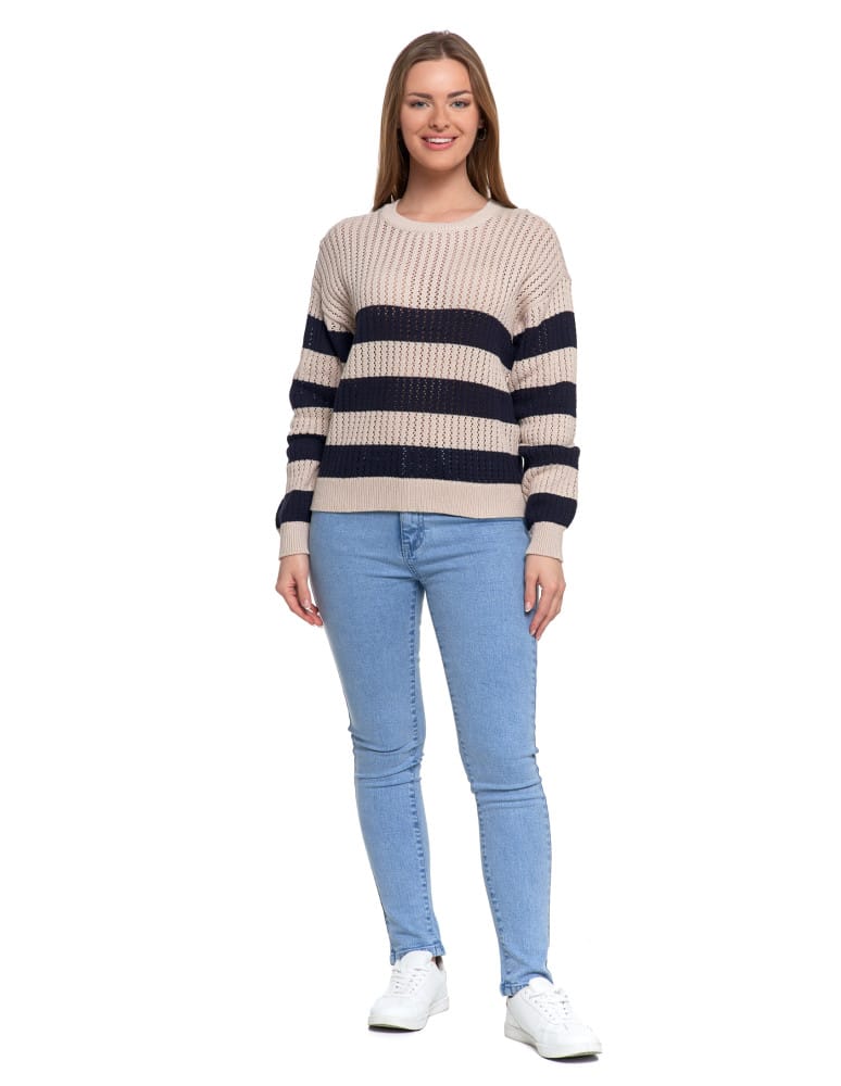 Swetry - Sweter damski ażurowy bawełniany w paski BEŻOWY  - produkt moraj.pl 6
