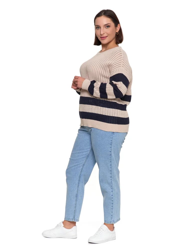 Swetry - Sweter damski ażurowy bawełniany w paski BEŻOWY - produkt moraj.pl 8