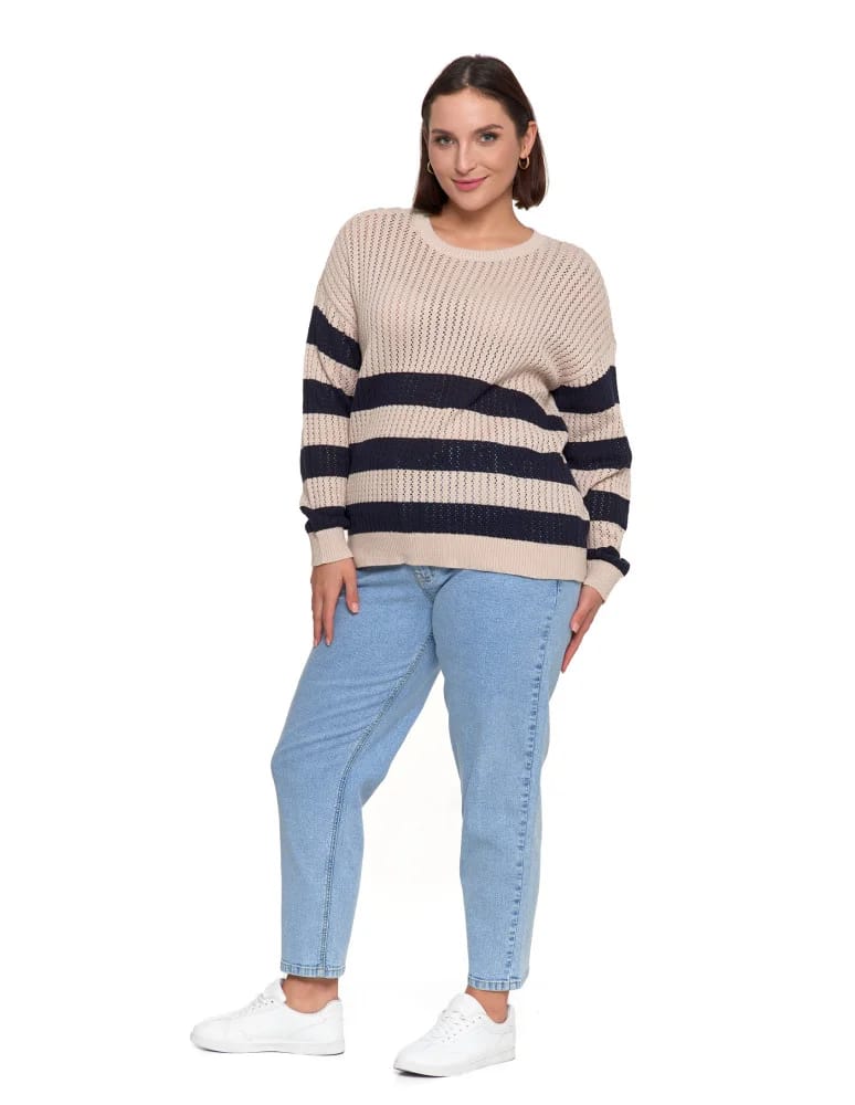 Swetry - Sweter damski ażurowy bawełniany w paski BEŻOWY - produkt moraj.pl 9