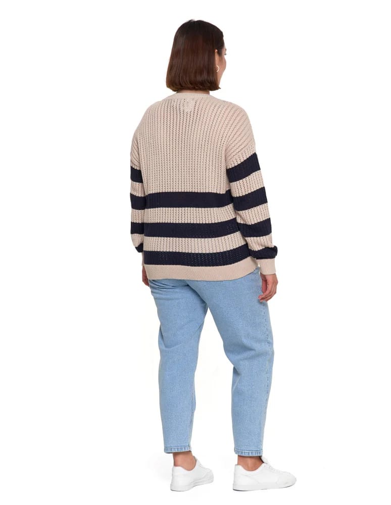 Swetry - Sweter damski ażurowy bawełniany w paski BEŻOWY - produkt moraj.pl 10