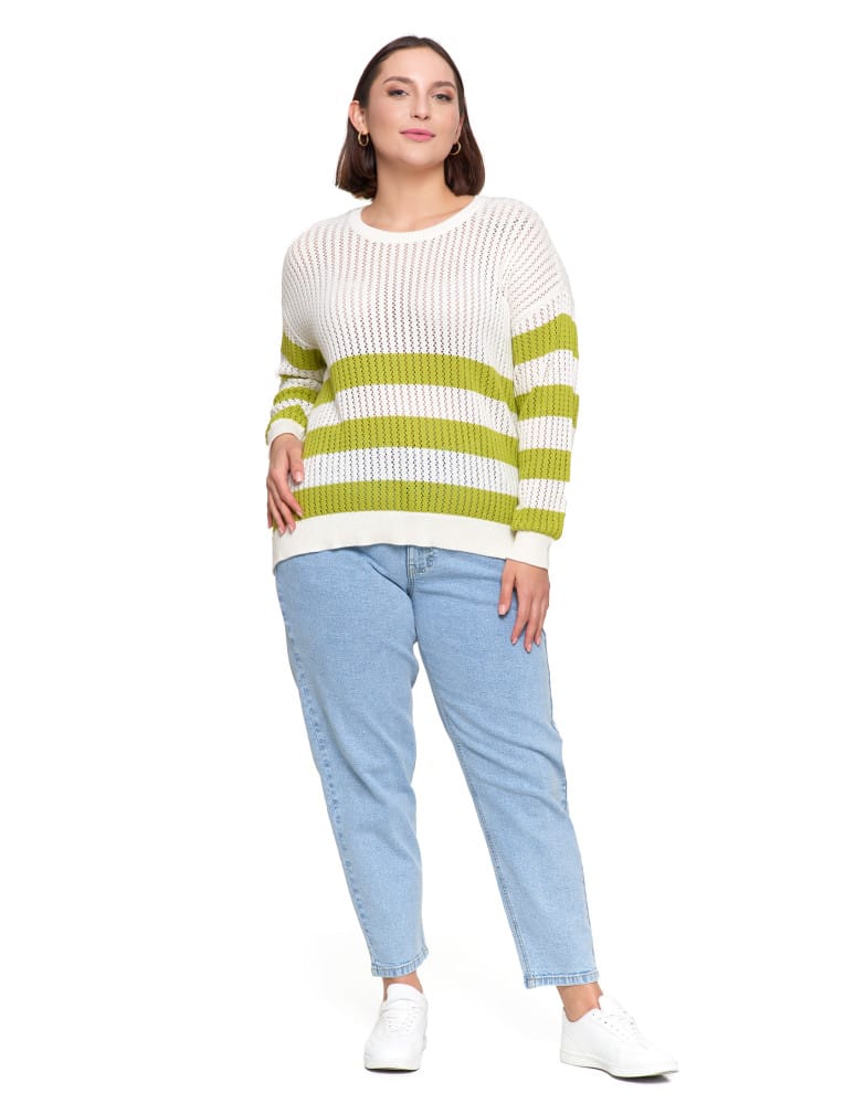 Swetry - Sweter damski ażurowy bawełniany w paski BIAŁY  - produkt moraj.pl 3
