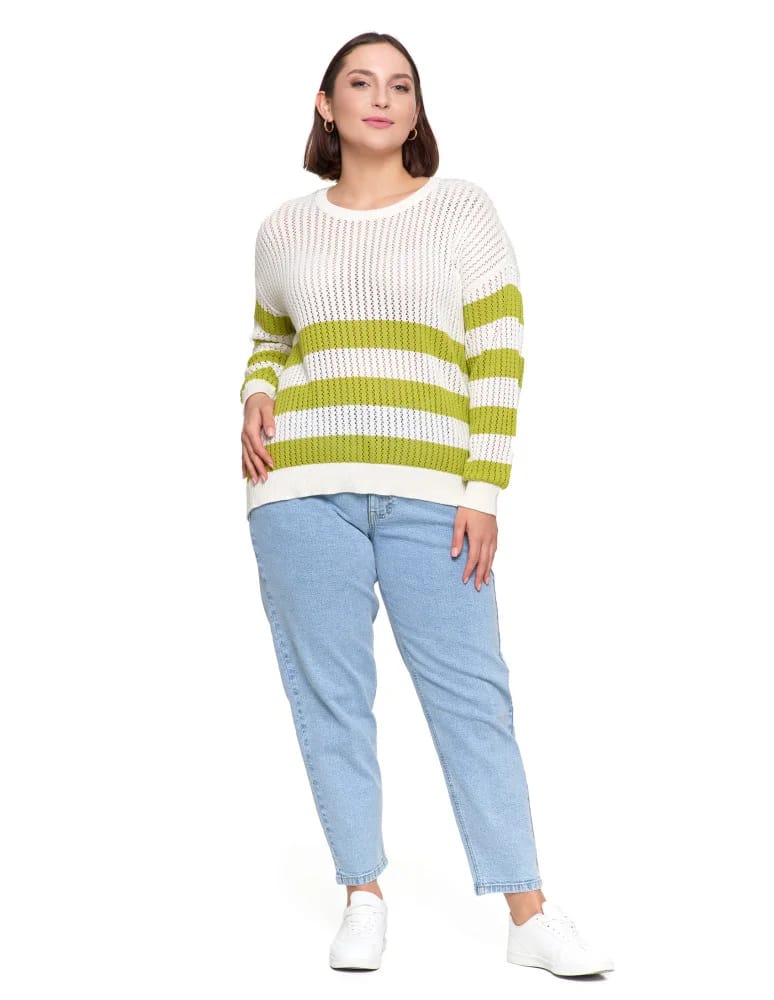 Swetry - Sweter damski ażurowy bawełniany w paski BIAŁY  - produkt moraj.pl 3