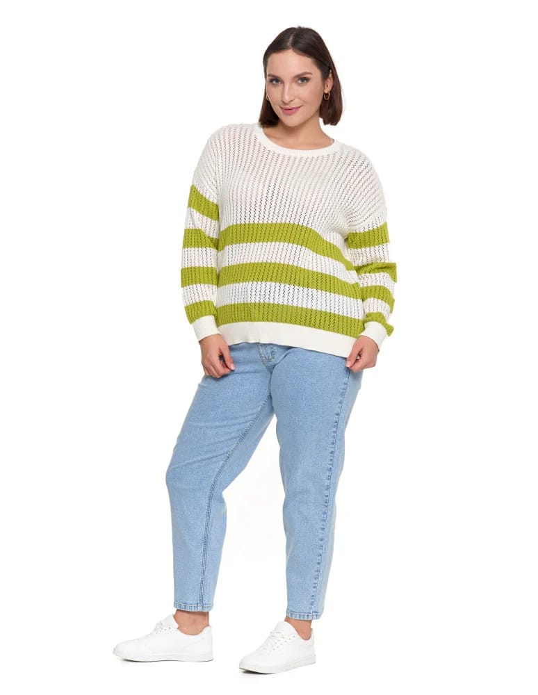 Swetry - Sweter damski ażurowy bawełniany w paski BIAŁY  - produkt moraj.pl 6