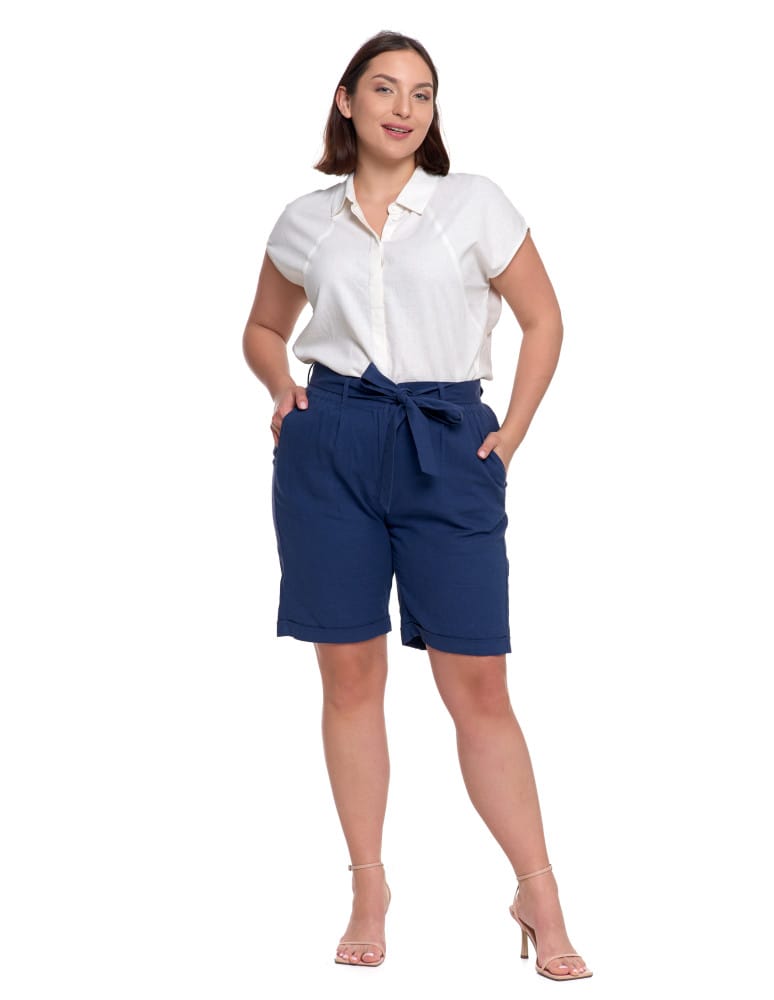 Szorty damskie letnie - Spodenki lniane damskie szorty z wysokim stanem GRANATOWY  - produkt moraj.pl 4