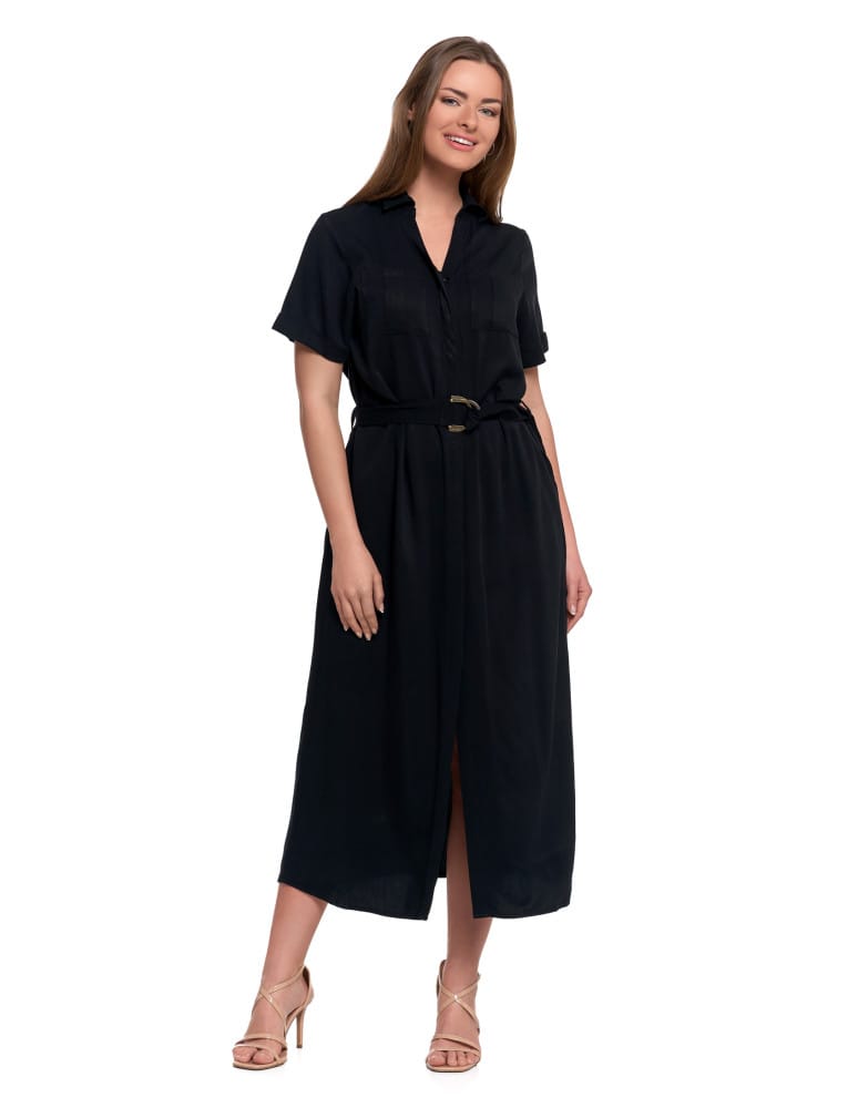 Sukienki i kombinezony - Sukienka damska szmizjerka midi z wiązaniem CZARNY - produkt moraj.pl 1