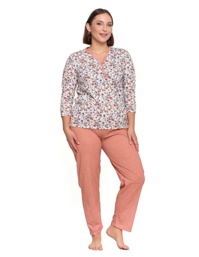 Piżama damska z 3/4 rękawem i rozpinaną bluzką Plus Size RÓŻOWY