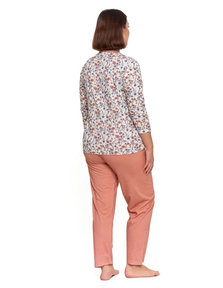 Długi rękaw - Piżama damska z 3/4 rękawem i rozpinaną bluzką Plus Size RÓŻOWY - produkt moraj.pl 2