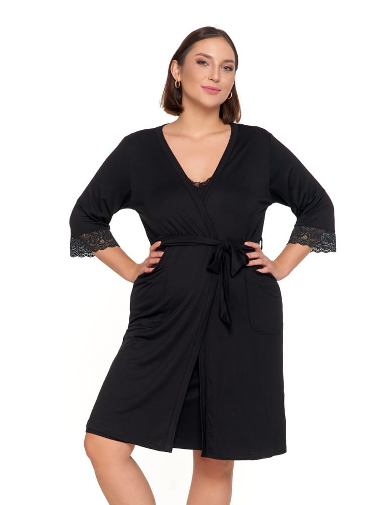 Szlafrok damski Plus Size z koronką i kieszeniami CZARNY