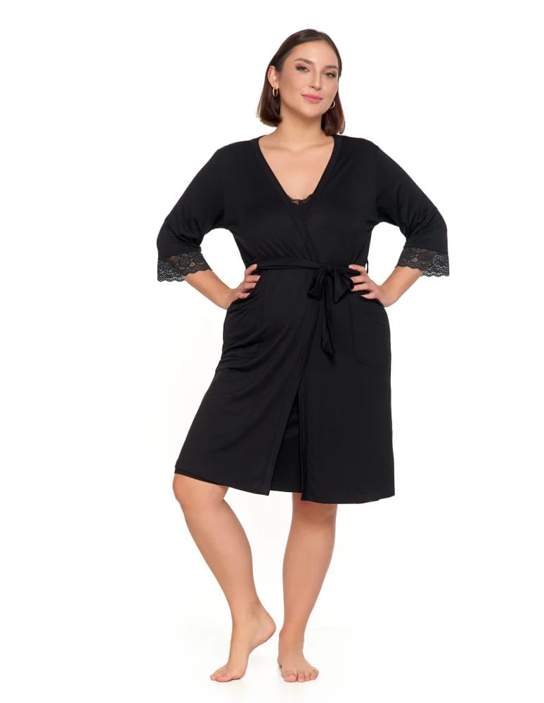Szlafroki - Szlafrok damski Plus Size z koronką i kieszeniami CZARNY - produkt moraj.pl 4