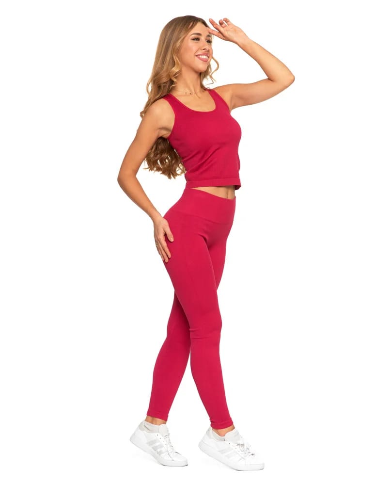 Legginsy damskie - Legginsy damskie o wysokim stanie z prążkowaną strukturą BORDOWY - produkt moraj.pl 5