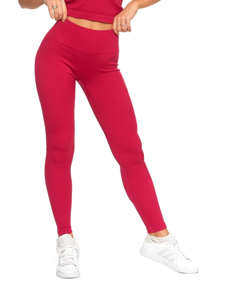 Legginsy damskie - Legginsy damskie o wysokim stanie z prążkowaną strukturą BORDOWY - produkt moraj.pl 7