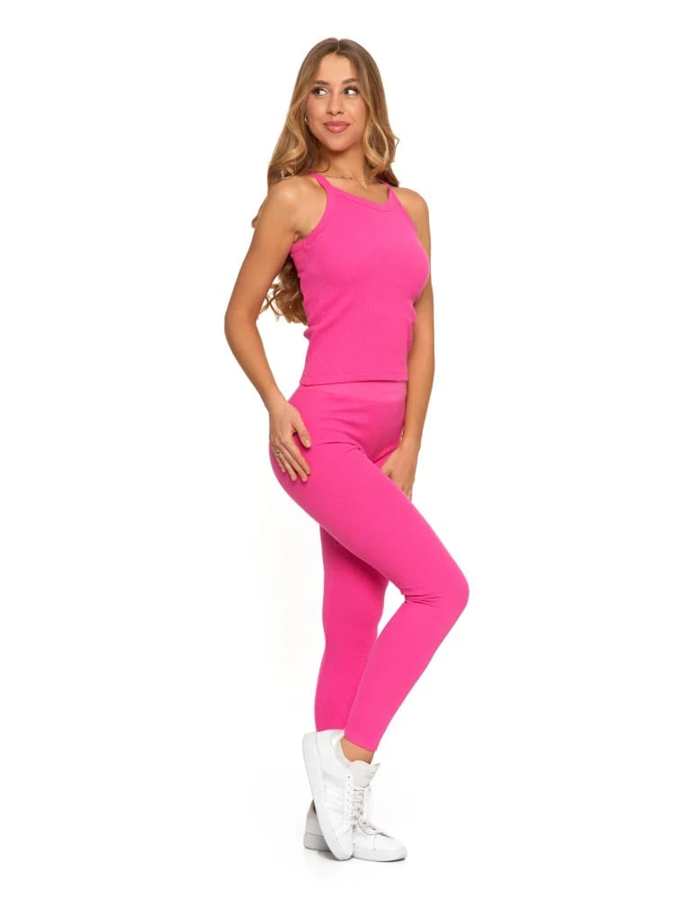 Legginsy damskie - Legginsy damskie bawełniane z szeroką gumą w pasie FUKSJA  - produkt moraj.pl 4