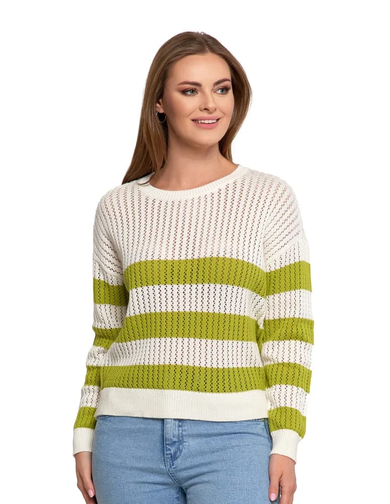Swetry - Sweter damski ażurowy bawełniany w paski BIAŁY  - produkt moraj.pl 7