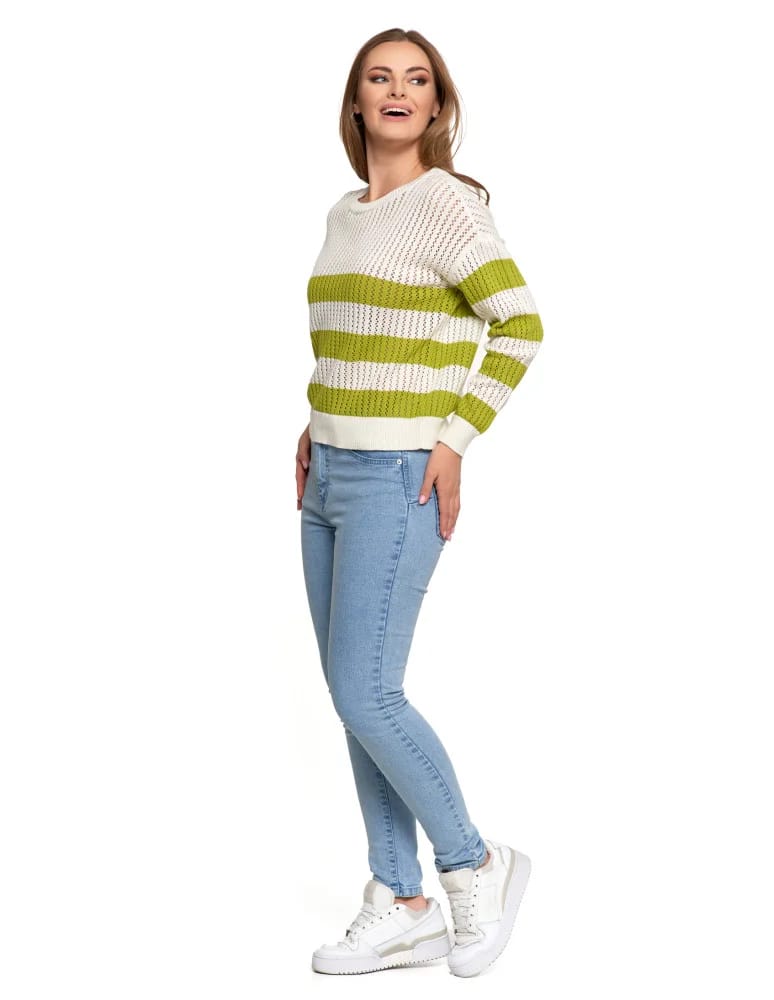 Swetry - Sweter damski ażurowy bawełniany w paski BIAŁY  - produkt moraj.pl 8