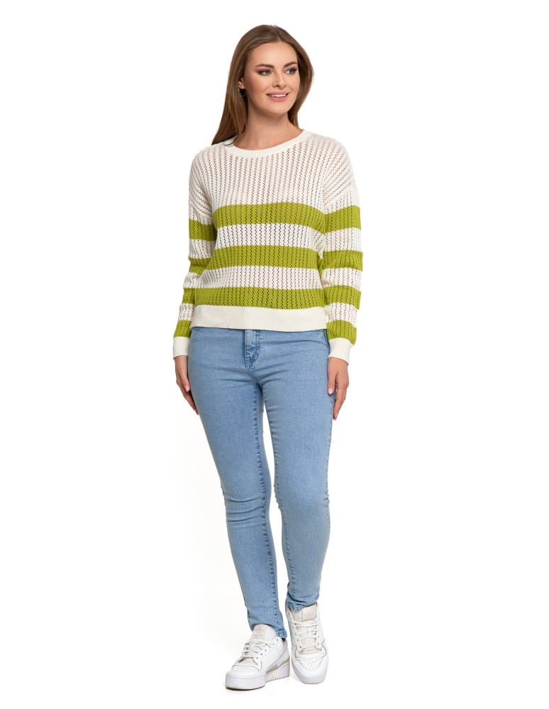 Swetry - Sweter damski ażurowy bawełniany w paski BIAŁY  - produkt moraj.pl 10