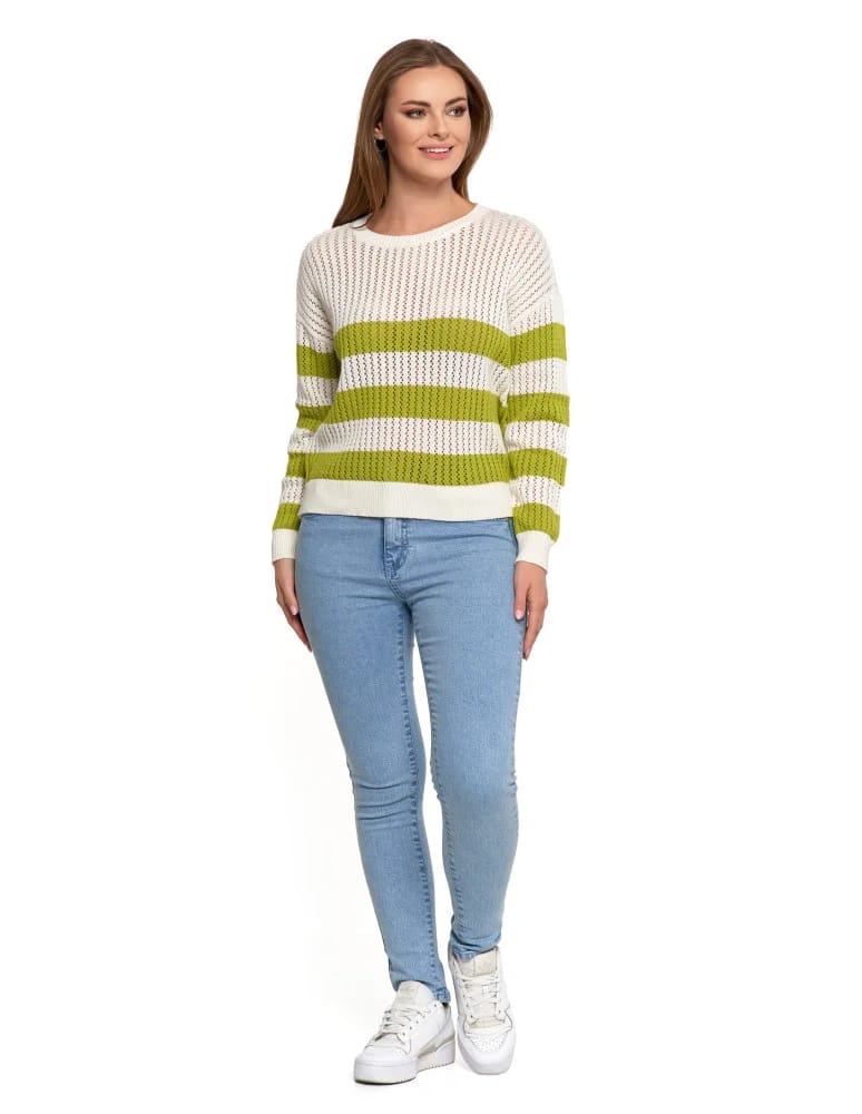 Swetry - Sweter damski ażurowy bawełniany w paski BIAŁY  - produkt moraj.pl 10