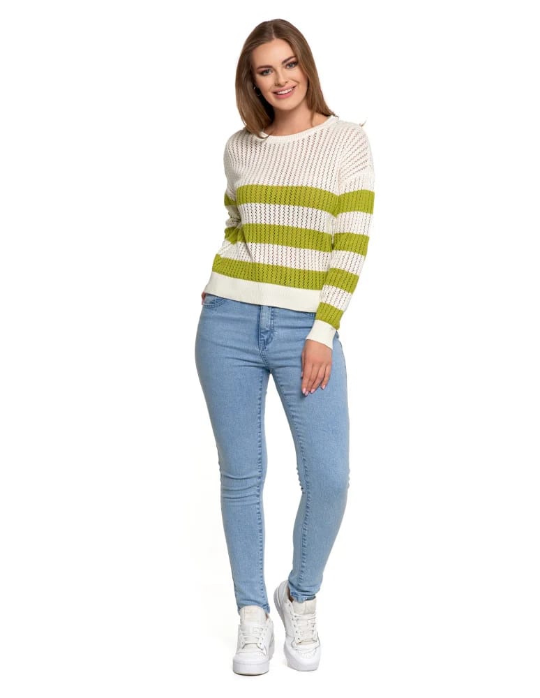 Swetry - Sweter damski ażurowy bawełniany w paski BIAŁY  - produkt moraj.pl 12