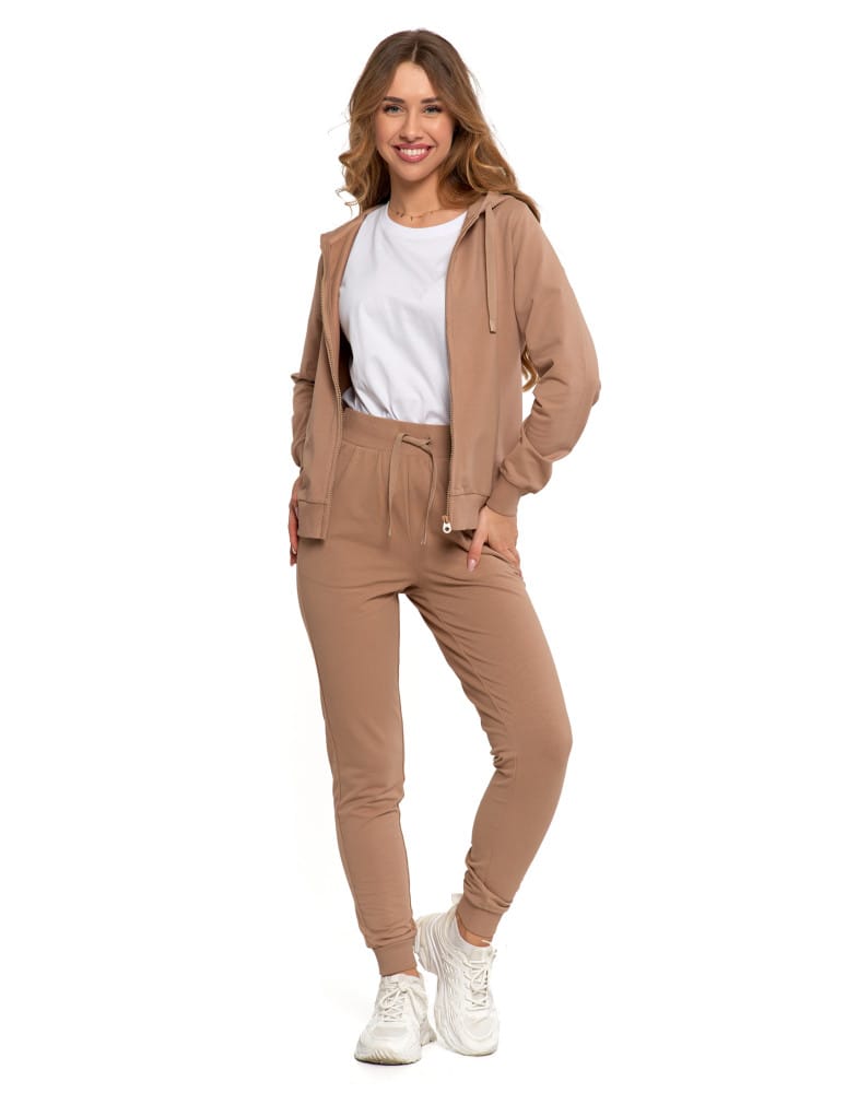 Bluzy damskie - Bluza damska dresowa z kapturem i zamkiem BEŻOWY  - produkt moraj.pl 3