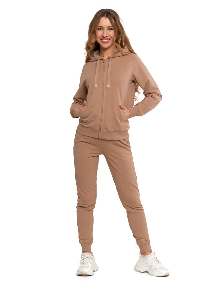 Bluzy damskie - Bluza damska dresowa z kapturem i zamkiem BEŻOWY  - produkt moraj.pl 4