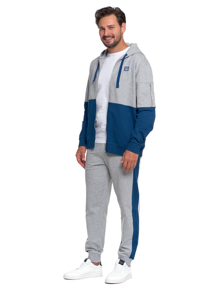 Bluzy dresowe - Bluza męska z kapturem i zamkiem dwukolorowa NIEBIESKI  - produkt moraj.pl 2