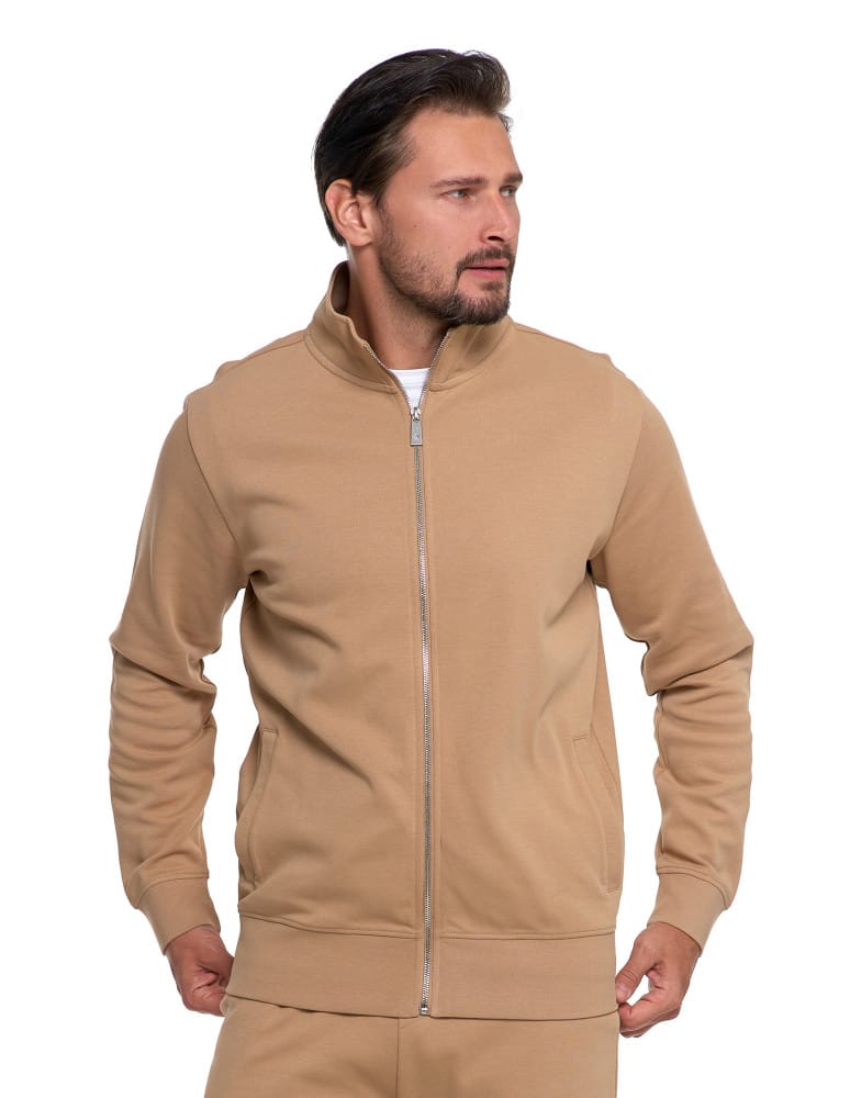 Bluzy męskie - Męska bluza dresowa ze stójką i zamkiem BEŻOWY - produkt moraj.pl 1