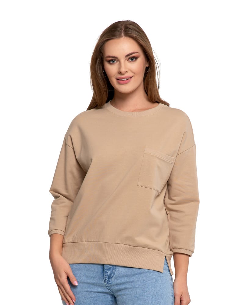Bluzy damskie - Bluza damska z kieszonką o luźnym kroju BEŻOWY - produkt moraj.pl 1