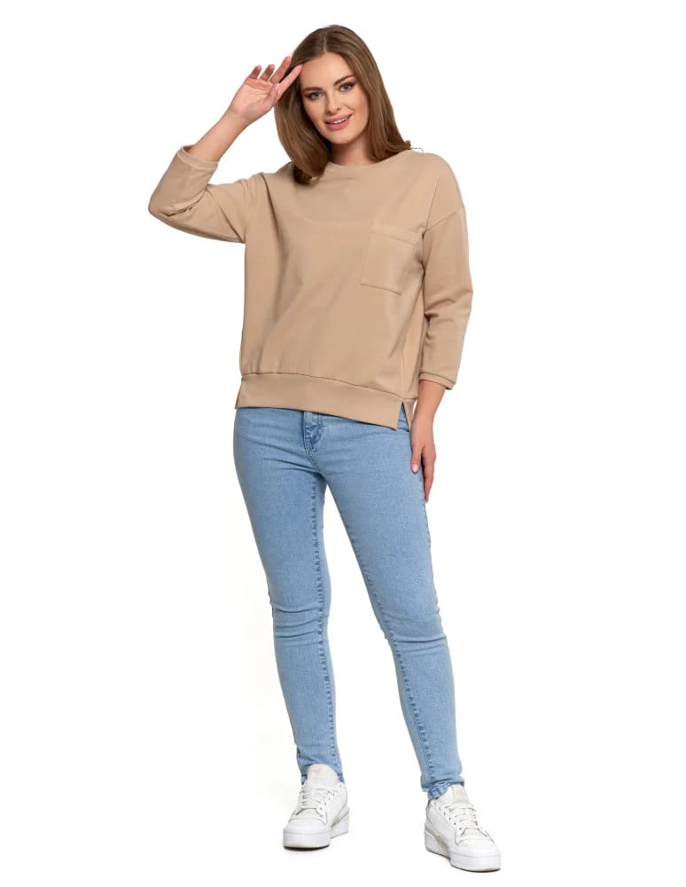 Bluzy damskie - Bluza damska z kieszonką o luźnym kroju BEŻOWY  - produkt moraj.pl 3
