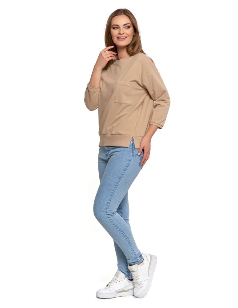 Bluzy damskie - Bluza damska z kieszonką o luźnym kroju BEŻOWY  - produkt moraj.pl 4