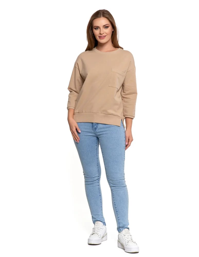 Bluzy damskie - Bluza damska z kieszonką o luźnym kroju BEŻOWY  - produkt moraj.pl 6