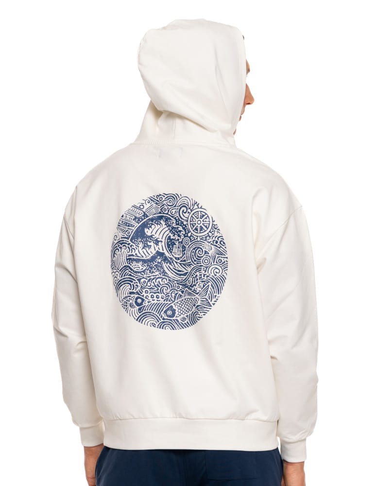 Bluzy męskie - Męska bluza dresowa z kapturem i nadrukiem na plecach BIAŁY  - produkt moraj.pl 12