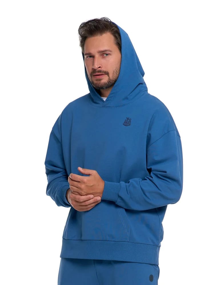 Bluzy męskie - Męska bluza dresowa z kapturem i nadrukiem na plecach NIEBIESKI  - produkt moraj.pl 3